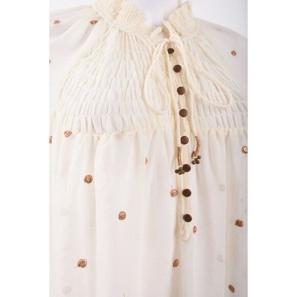 Free People Womans Peasant Blouse Shirt Top Sz M Ecru Beige Gold Dots Oversized - Picture 3 of 6